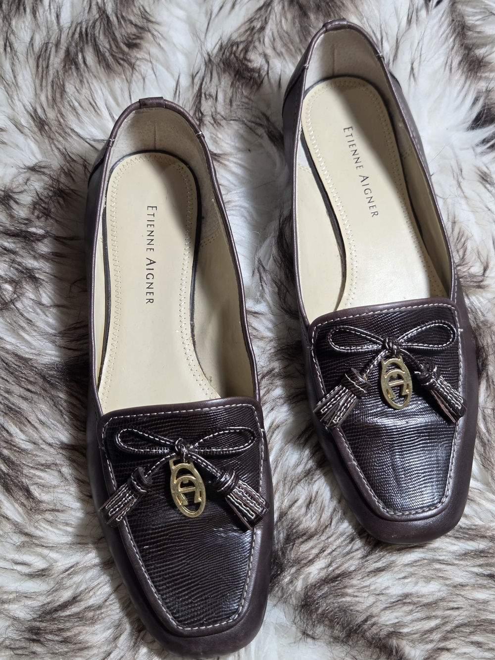 Etienne Aigner Dark Brown Textured Leather Bow Dress Loafers - Size 7.5